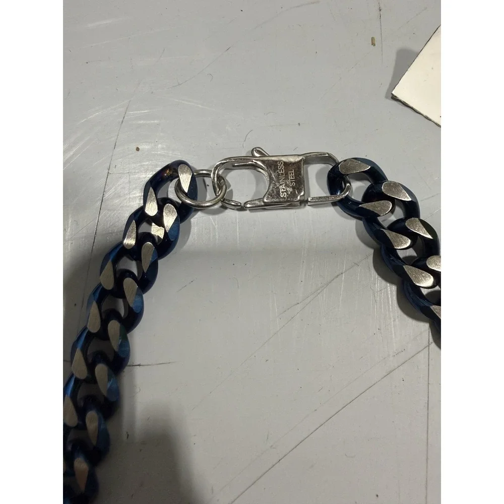 Anthony Jacobs Men's Stainless Steel Cuban Link Necklace Blue/Silver Signed